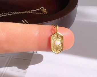 Rectangle Opal Stone Burst Pendant Necklace 18K Gold Dipped Vertical Square Medallion Opal Pearl Stud Geometric Tag Rectangle Opal Necklace