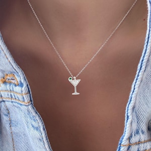 Tiny Cocktail CZ Glass with Green Olive Necklace 18K Gold Dipped Mini Cocktail Martini Wine Drink Glass Cubic Zirconia Cocktail Cup Necklace