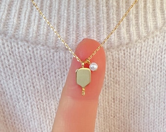 Dainty Pickleball Paddle Pendant Necklace: Tiny Pearl Accent, Sports Gift 18K Gold Dipped