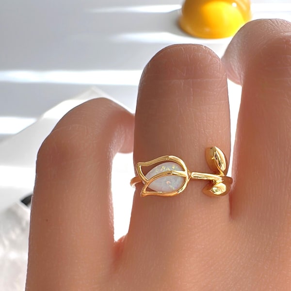 Opal Tulip Wrap Ring : Flower Adjustable Stacking Ring 18K Gold Dipped