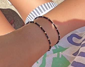 Black Spinel Beaded Bracelet: 925 Silver, 14k Gold Accents