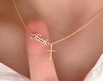18K Gold Dipped Cross Pendant Necklace with Faith Script
