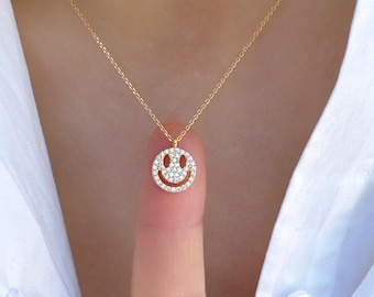 Solid 925 Sterling Silver Smiley Happy Face Cubic Zirconia CZ Pave Charm Pendant Necklace