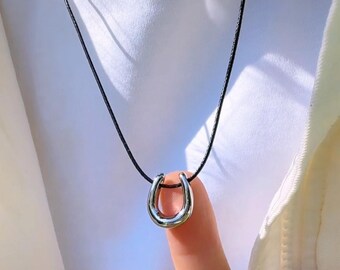 Dainty Horseshoe Pendant Necklace, Adjustable Black Long Cord, Gold Silver