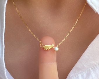 Cat Playing Opal Stone Ball Necklace, Fun Kitty Pendant 18K Gold Dipped