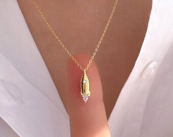 Tiny Mini Rocket Ship Space Shuttle Cubic Charm Pendant Necklace 18K Gold Dipped