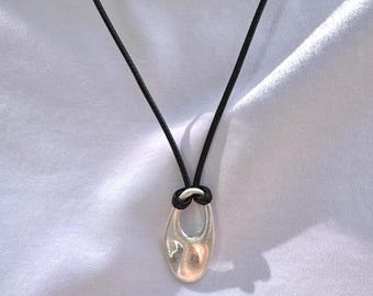 Hammered Brushed Hollow Open Oval Pendant Necklace, Adjustable Long Black Cord