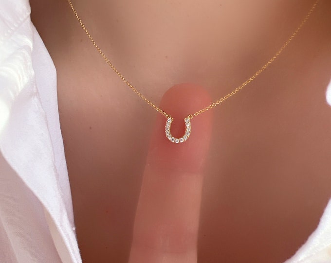Horseshoe CZ Pendant Necklace Solid 925 Sterling Silver Gold Horseshoe Tiny Charm Long Chain