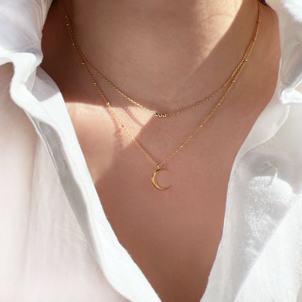 Two Chain Layered Set with Crescent Moon Charm Necklace 18K Gold Dipped Layer Chains Set Moon Pendant Tiny Bead Ball Station Choker Necklace