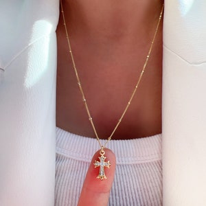 Cross Cubic Zirconia Pendant Long Bead Station Chain Necklace Solid 925 Sterling Silver 14K Gold Cross Pendant Cubic CZ Long Chain Necklace