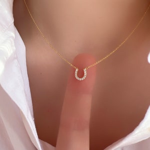 Horseshoe CZ Pendant Necklace Solid 925 Sterling Silver Gold Horseshoe Tiny Charm Long Chain