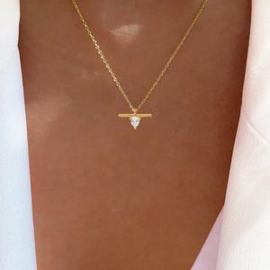 T Bar Necklace, T Bar with Cubic Zirconia Stone Pendant Necklace 18K Gold Dipped T Bar Oval Circle Cubic Zirconia Stone, T Bar Necklace Gold