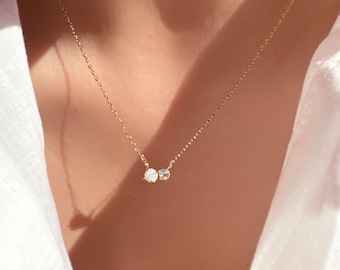 Tiny Opal Gemstone CZ Stone Studs Necklace 18K Gold Dipped Tiny Cubic Zirconia Opal Pearl Stone Two Double Multi Opal Cubic Stone Necklace
