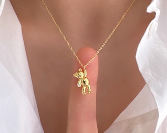 Dainty Teddy Bear Love Pendant Necklace Cubic Zirconia Hold Hand Up : 18K Gold Dipped