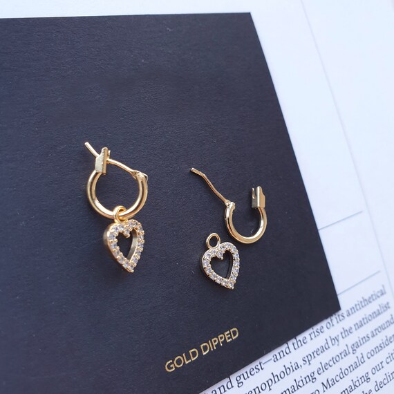 Heart Cubic Zirconia Stone Hoop Earrings 14K Gold Dipped