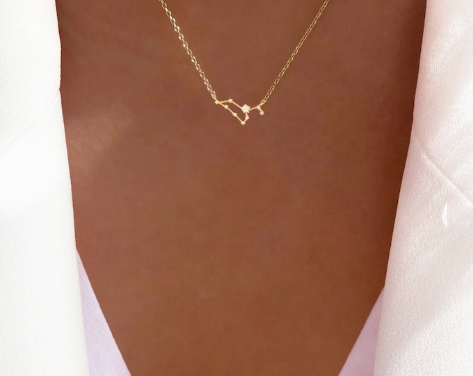 14K Gold Dipped Leo Zodiac Necklace: Cubic Zirconia Constellation Pendant