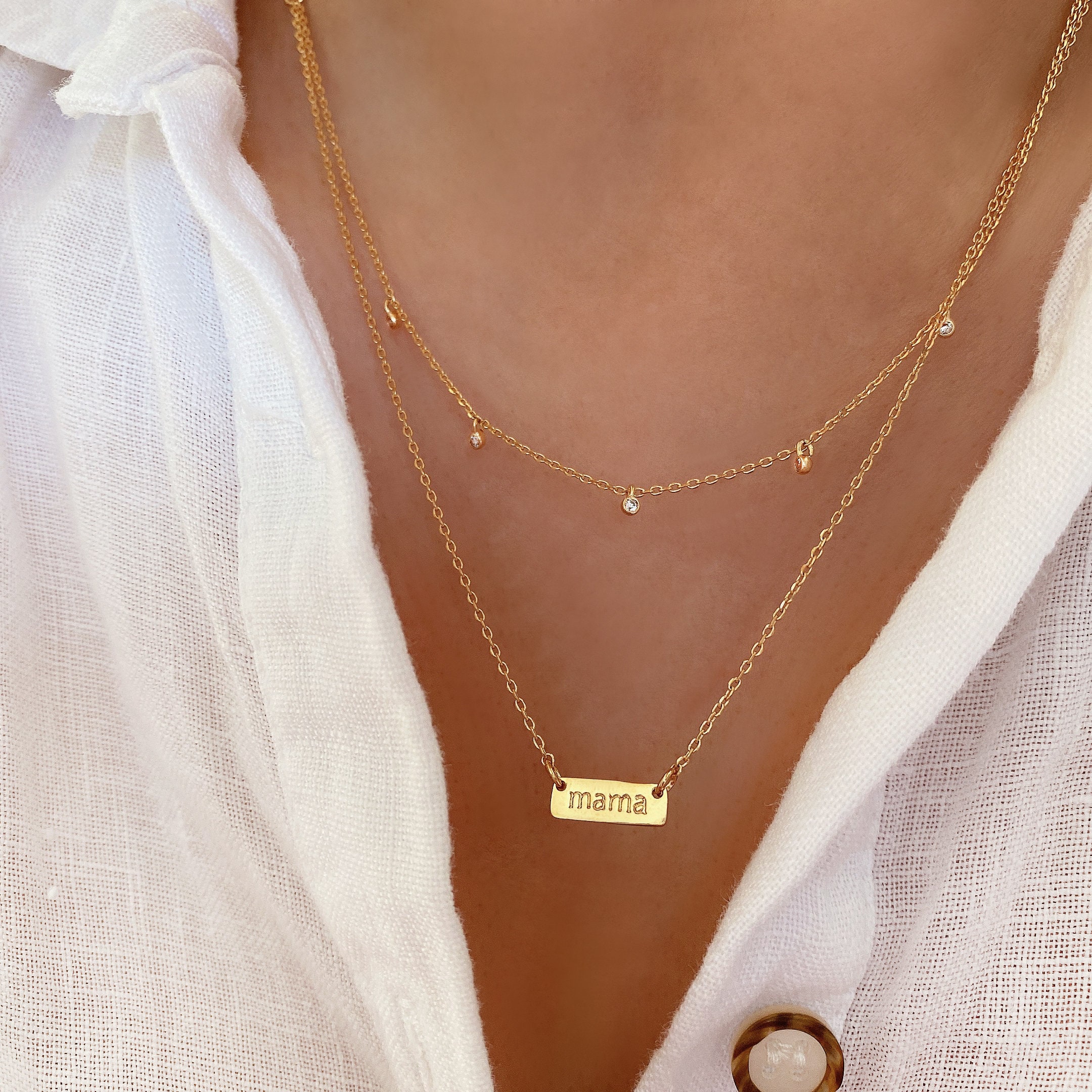 Mama Engraved Layered Chain Set Necklace 18K Gold Dipped Mama Small Letter Charm Pendant Necklace Cubic Stone Charms Two Chain Layered Set
