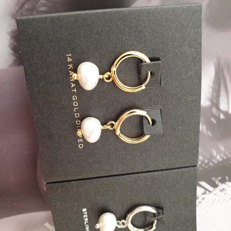 Pearl Dangle Mini Hoop Earrings 14K Gold Dipped Pearl Hoop Earrings ...