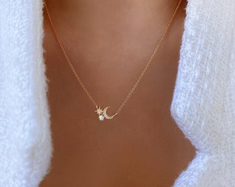 Tiny Crescent Moon Cubic Zirconia Opal Stone Necklace Gemstone CZ Pendant 18K Gold Dipped