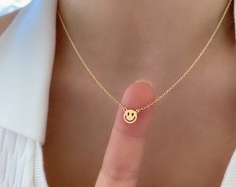 Tiny Smile Face Pendant Necklace 18K Gold Dipped Silver Mini Small Smiley Happy Face