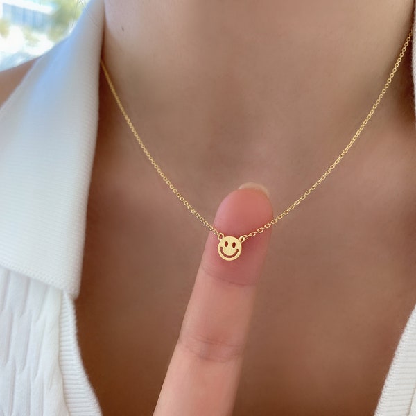 Tiny Smile Face Charm Pendant Necklace 18K Gold Dipped Silver Rose Gold Mini Small Smiley Face Necklace Tiny Mini Small Happy Face Necklace