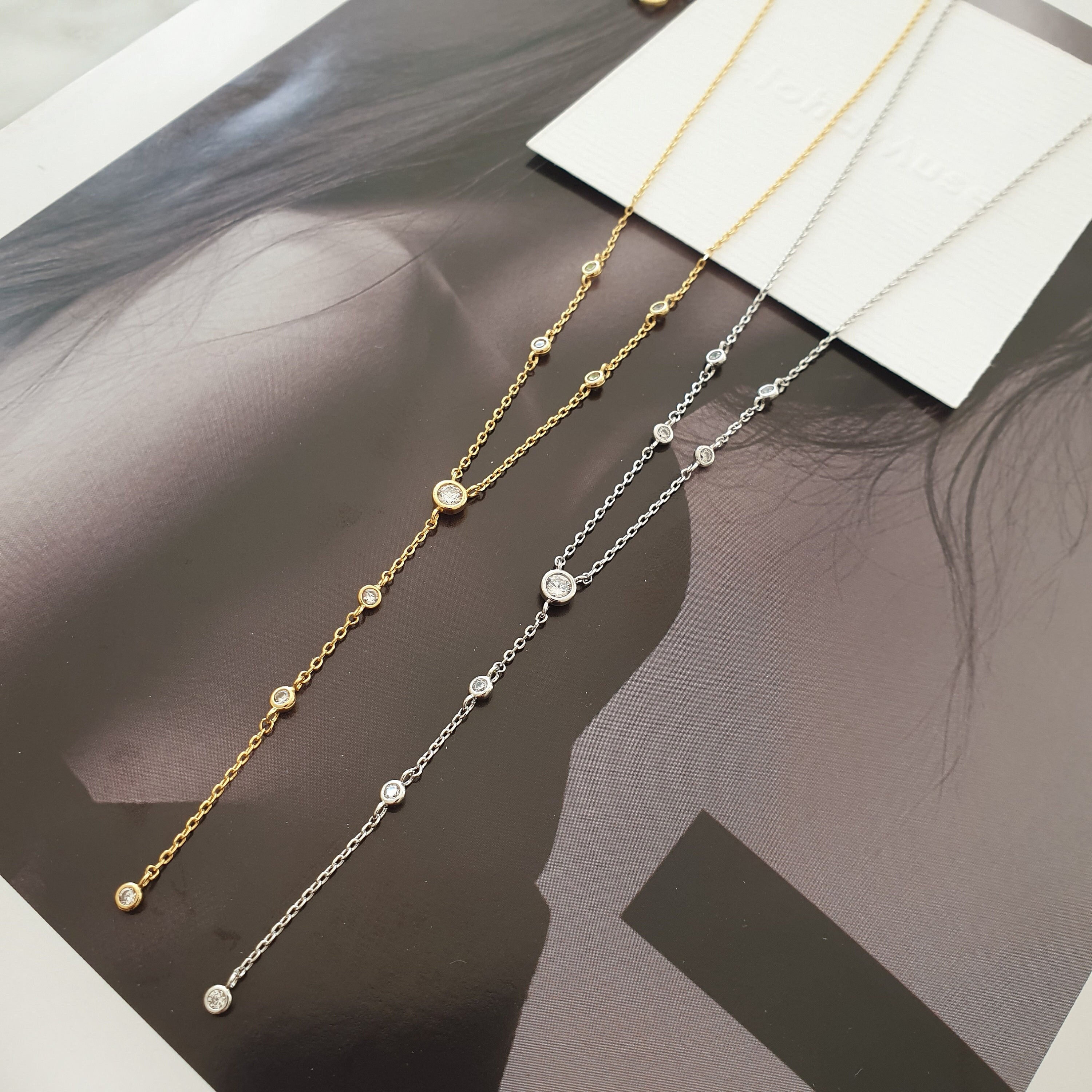 Lariat Y Solitaire CZ Drop Necklace: 18K Gold Dipped Cubic zirconia