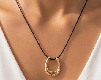 Dainty Horseshoe U Shape Double Line Pendant Necklace, Adjustable Long Black Cord Gold Silver