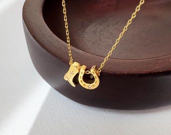 Dainty Cowboy Boot With Horseshoe Necklace, Western Texas Cowgirl Pendant 18K Gold Dipped