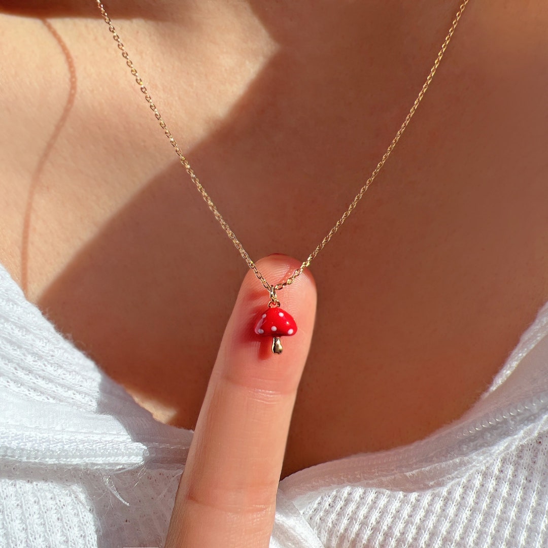 Tiny Red Mushroom Necklace: Dainty Delicate Small Charm 14K Gold Dipped - Etsy