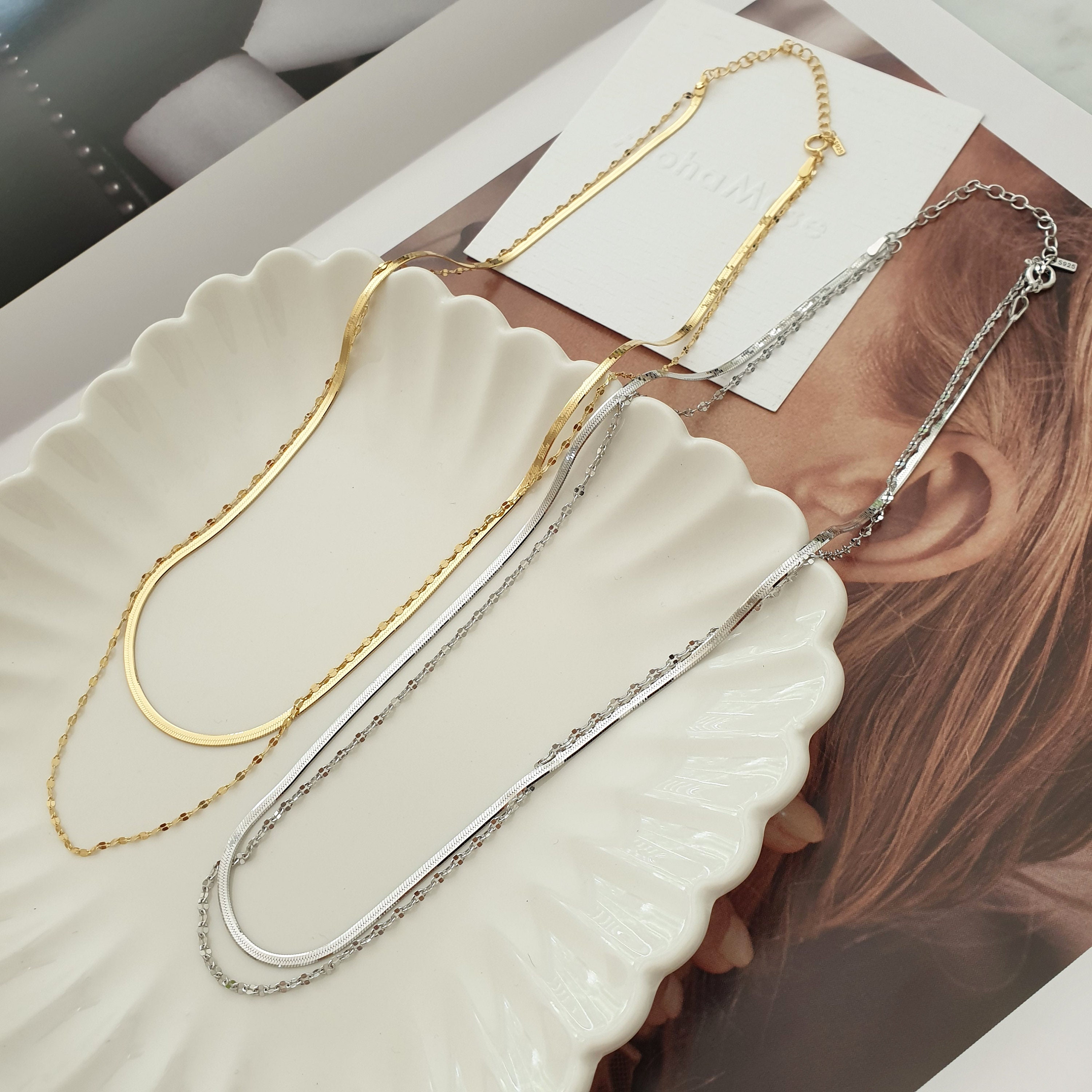 Two Chain Layered Set Necklace Solid 925 Sterling Silver 2