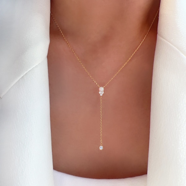 Lariat Y Solitaire drop Necklace 18K Gold Dipped Opal Stone Cubic Zirconia CZ Lariat Y Necklace, Lariat Y Shell Pearl Opal Stone CZ Necklace