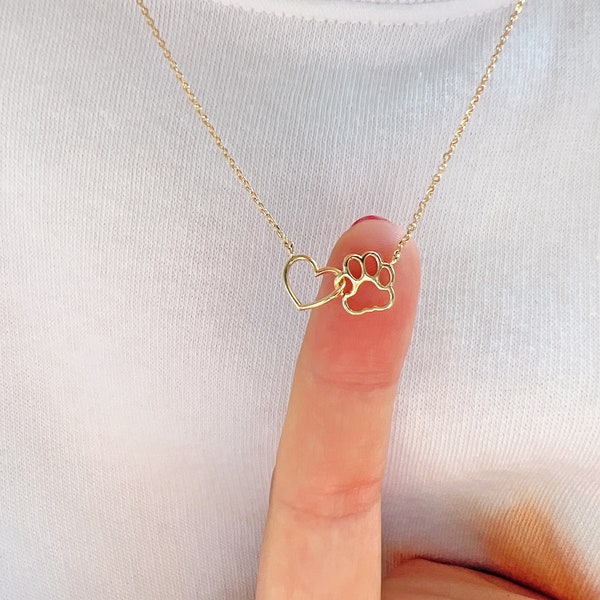 Heart & Paw Interlocking Linked Interlock Necklace: Dog Cat Pet Lover Gift 18K Gold Dipped