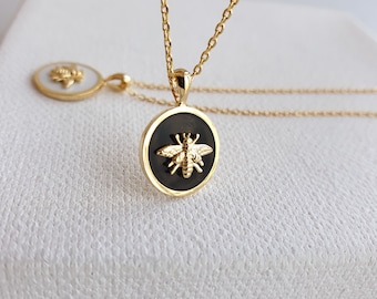 Bee Medallion Pendant Necklace: Dainty Honey Bumble Bee Black White Enamel 18K Gold Dipped