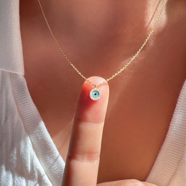 Tiny Semi Precious Gemstone Cubic Zirconia Eye Pendant Necklace 18K Gold Dipped Tiny Hamsa Eye Protective Meaning Necklace Mini Stone Charm