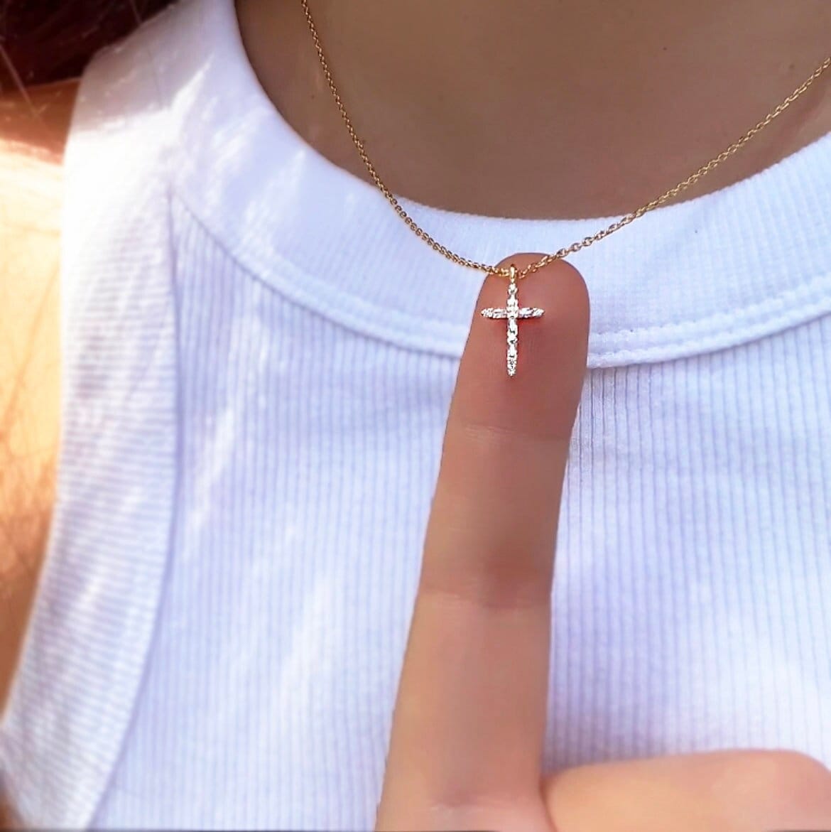 Dainty CZ Cross Pendant Necklace: Thin Crystal Cubic Zirconia Charm 18K Gold Dipped Silver