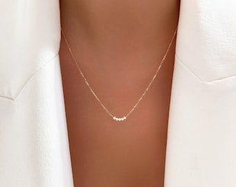 Tiny CZ Bezel Curved Bar Necklace Solid 925 Sterling Silver Multiple Cubic Zirconia