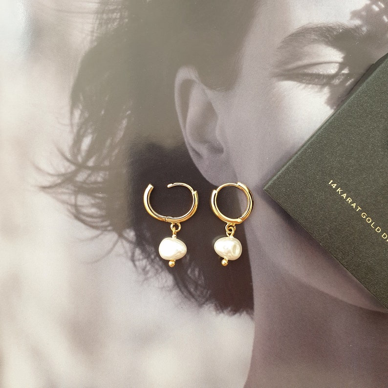Pearl Dangle Mini Hoop Earrings 14K Gold Dipped Pearl Hoop Earrings ...