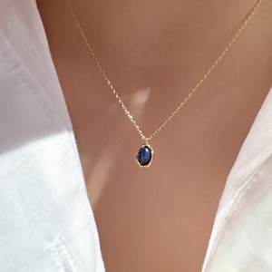 Oval Lapis Gemstone Necklace: 18K Gold Dipped, Navy Blue Stone Pendant