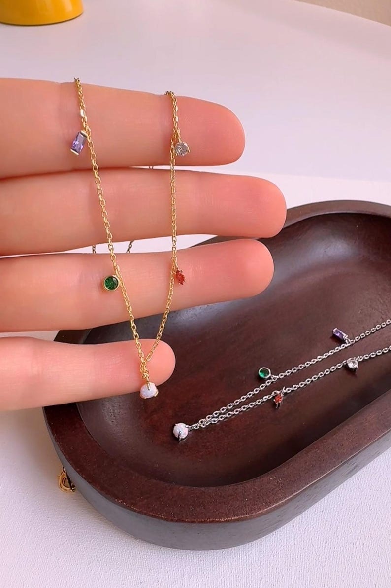 Multi Stones Station Chain Necklace, Tiny Opal Gemstone CZ 5 Stones