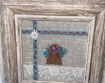 Wood Framed, Embroidered Basket of Blue Flowers