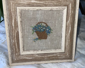 Wood Framed, Embroidered Basket of Blue Flowers