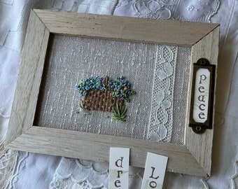 Wood Framed, Embroidered Basket of Blue Flowers