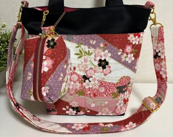 No. 125-010 / Sewing Store Bonheur | Adult cute Japanese pattern (Japanese pattern) Cherry blossoms falling on a flower raft Gorgeous Glossy Elegant Black fabric Tote bag Pouch Shoulder bag With shoulder strap Handmade Kimono pattern Gift