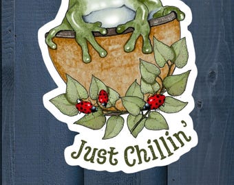 Hand Drawn Frog Clipart, Ladybug Garden Art, Chillin' Illustration (Digital Download)