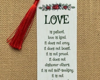 Bible Verse BOOKMARK, Love is Patient, Love is Kind, 1 Corinthians 13, Scripture Text, With Ladybug Art,  Larger Size, Laminated