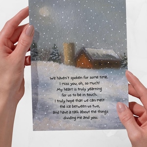 Carte d'éloignement imprimable, scène d'hiver avec poème, tendre la main, téléchargement immédiat, oeuvre d'art, peinture impressionniste, réconciliation, espoir