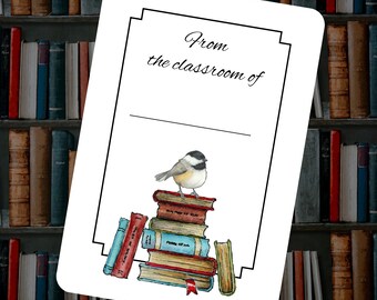TEACHER Bookplates, Chickadee Perched on Books, Set of 12, From the CLASSROOM of, Opaque Peel & Stick Labels, Book Stickers
