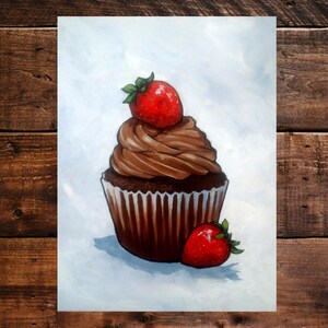 Impression ACEO, cupcake au chocolat avec fraises, carte à collectionner d'artiste, petite impression d'art, carte d'art, nourriture, gâterie sucrée, peinture, objet de collection