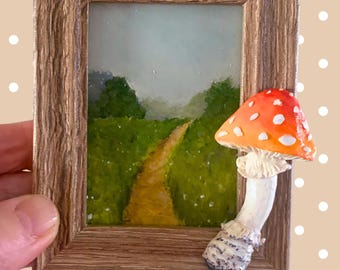 Tiny Picture Frame with Polymer Clay TOADSTOOL, Landscape Painting Optional