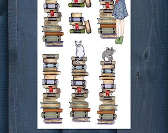 STICKERS,  Digital Download, Printable, Tall BOOK STACK, Mouse, Hedgehog, Cats, Card Making, Print & Cut, Clipart, Illustrations
